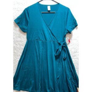 New West Loop Women Large Dress Turquoise Tie Belt Polyester Short Sleeve Vneck